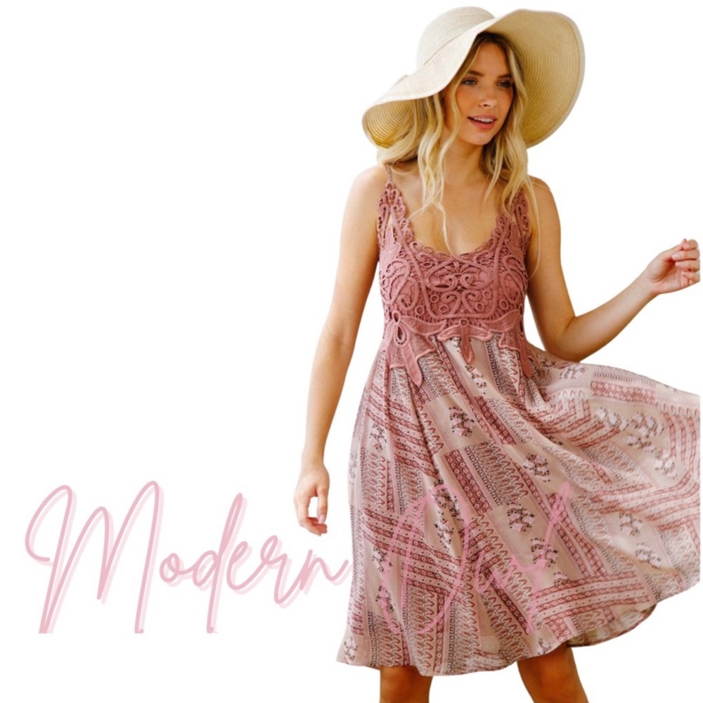 Modern Owl Mauve Pink/purple boho crochet spaghetti strap printed midi dress - Picture 2 of 13